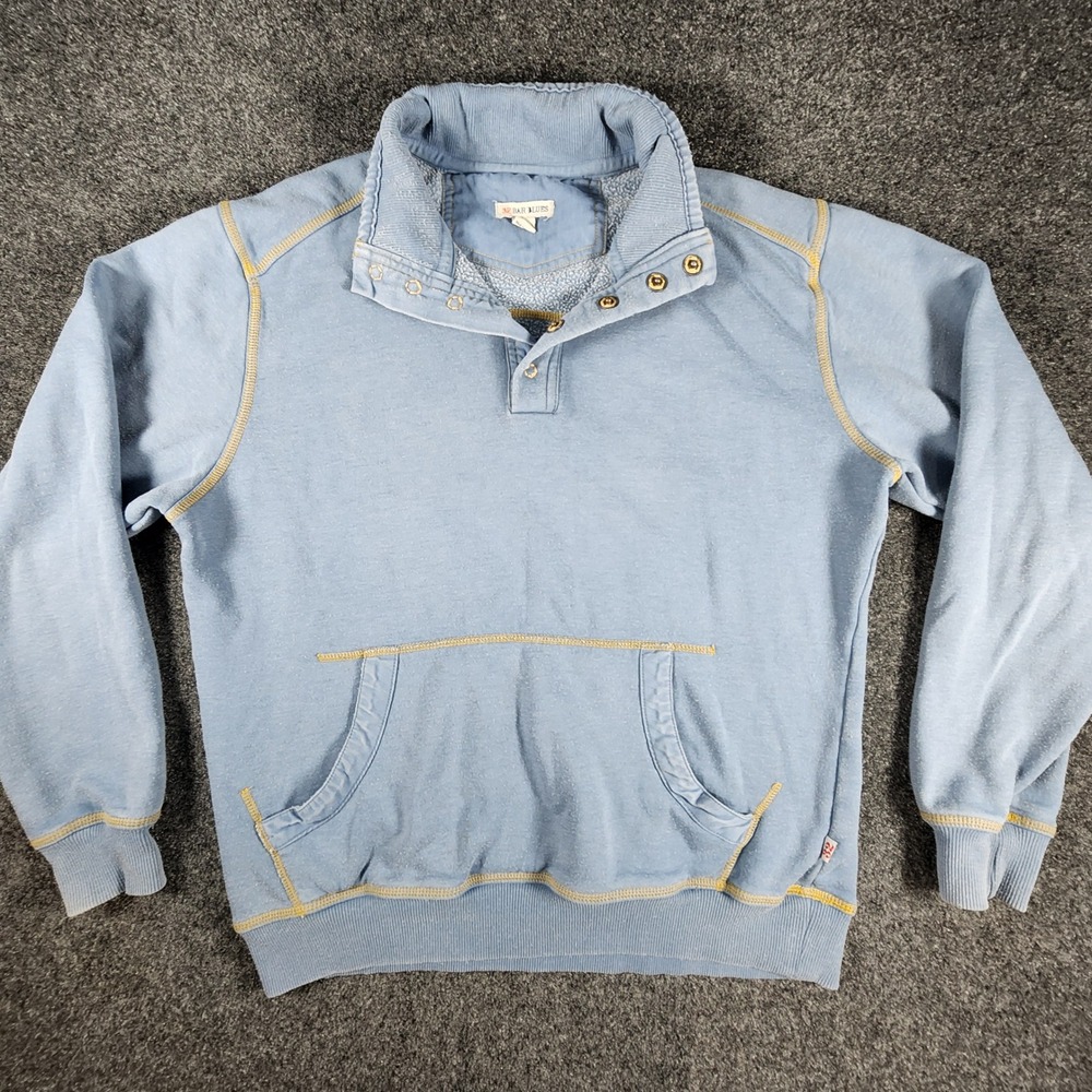 32 Bar Blues Snap Neck Sweatshirt Mens Medium Blue Contrast Stitch Pullover